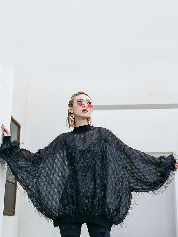 Fuzzy Tasseled See-through Batwing Sleeves Shirt Top
