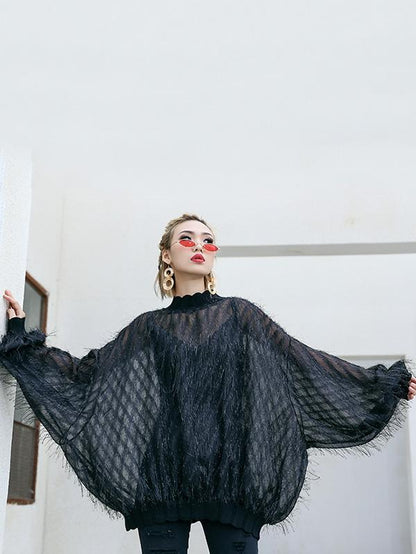 Fuzzy Tasseled See-through Batwing Sleeves Shirt Top