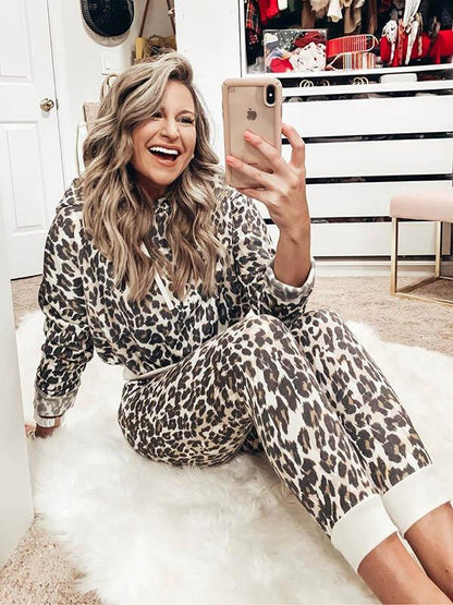 Leopard Drawstring Hoodie&Pants Suits