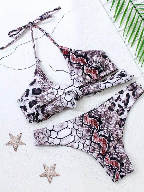 Snakeskin Print Cross Strap Bikini Swimsuit