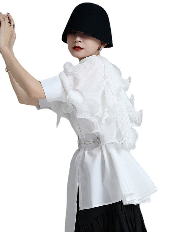 Stylish Irregular 4 Colors Split-Joint Pleated Mesh Falbala Buttoned Lapel Collar Bishop Sleeves Blouse