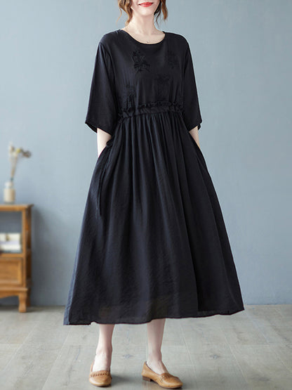 Artistic Retro Loose Solid Color Embroidered Drawstring Midi Dress