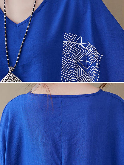 National Printed Batwing Sleeves Round-Neck Loose Midi Dress
