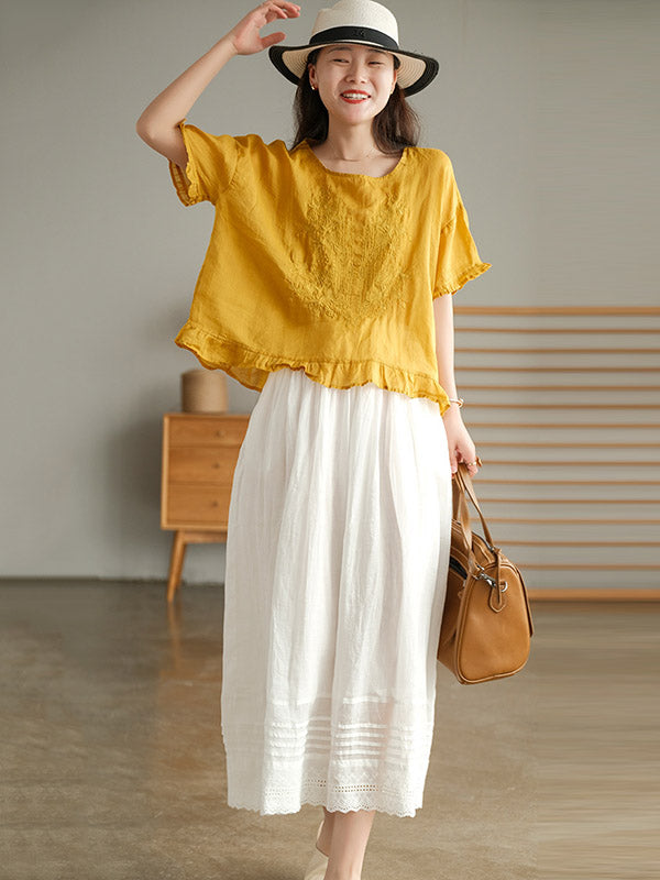 Ramie Cotton Embroidered Round-Neck T-Shirts Tops