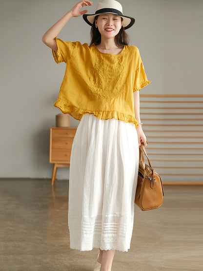 Ramie Cotton Embroidered Round-Neck T-Shirts Tops