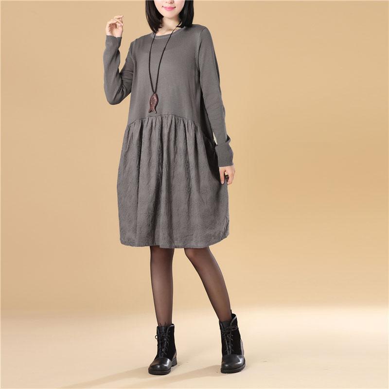 Embroidered Women Long Sleeve Folded Splicing Gray Sweater Dress