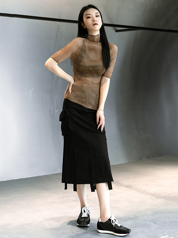 Original Solid Color High-Neck Long Sleeve See-Through T-Shirts Tops