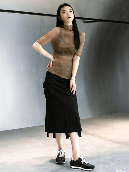 Original Solid Color High-Neck Long Sleeve See-Through T-Shirts Tops