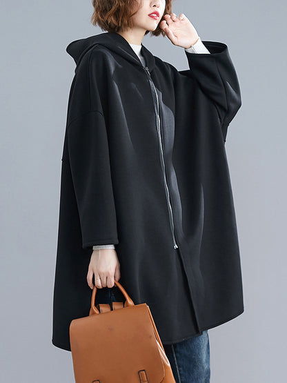 Casual Loose Solid Color Zipper Hooded Batwing Sleeves Outwear
