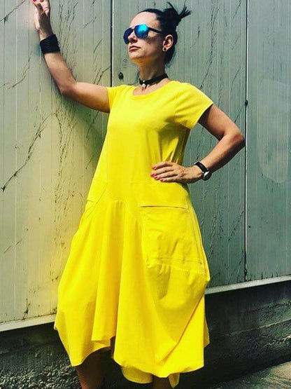 Short Sleeve Double Pockets Irregular Maxi Dress