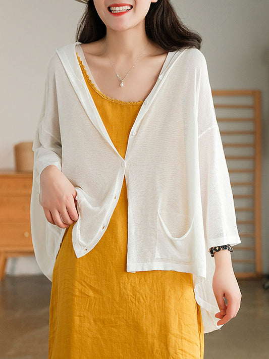 Casual Batwing Sleeve Hooded High-Low V-Neck Buttoned Cardigans
