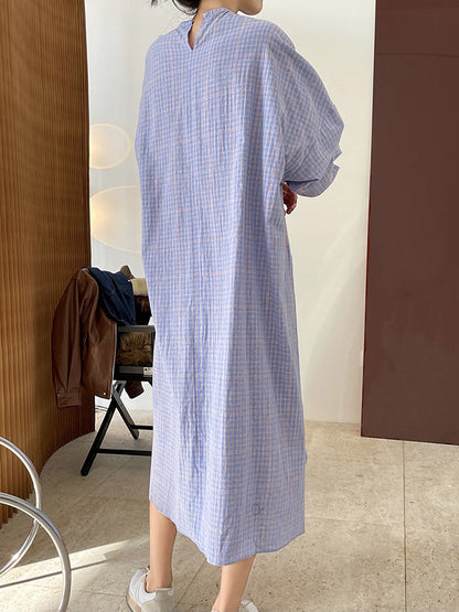 Urban Asymmetric Plaid Round-Neck Batwing Sleeve Shirt Dress