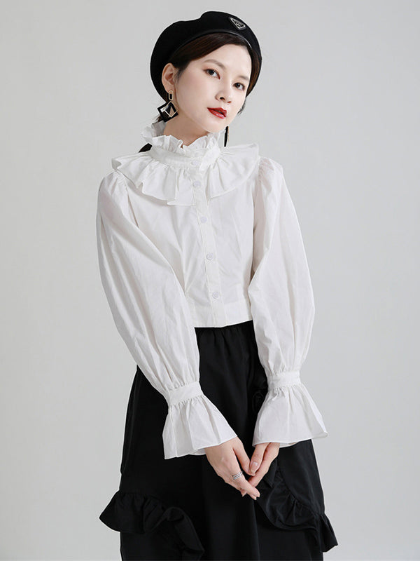 Stylish Solid Color Falbala Buttoned Pleated Stand Collar Long Puff Sleeves High-Waist Blouse