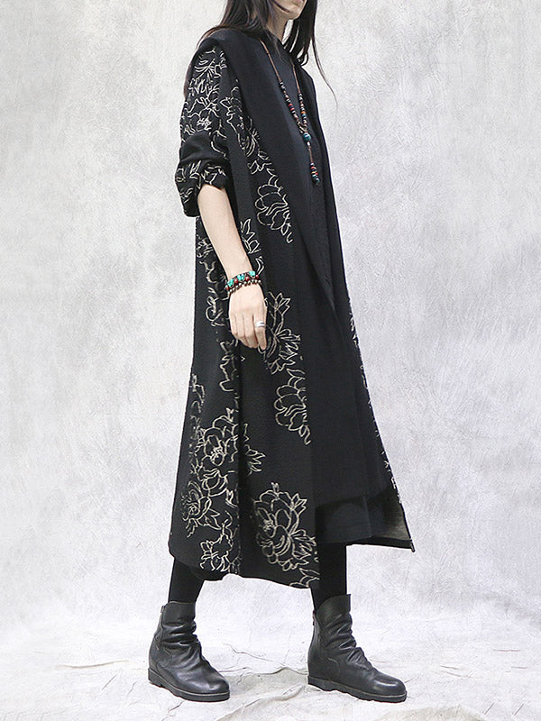 Vintage Loose Irregular Floral Printed Hooded Outwear