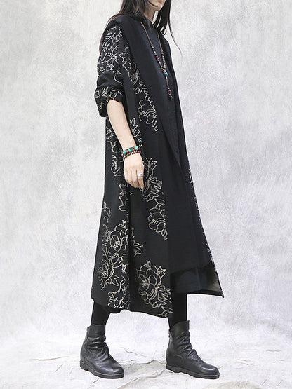 Vintage Loose Irregular Floral Printed Hooded Outwear