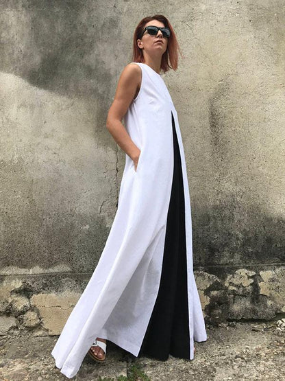 White&Black Split-joint Sleeveless Linen Long Dress