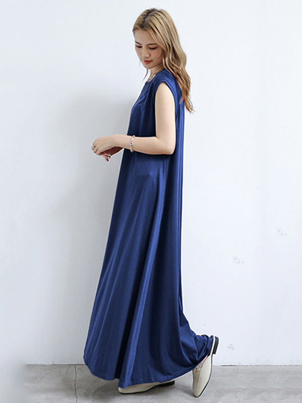 Simple Solid Color Oversized A-Line Round-Neck Cap Sleeves Maxi Dress