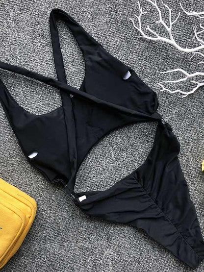 Backless Plain One-piece Swimsuit