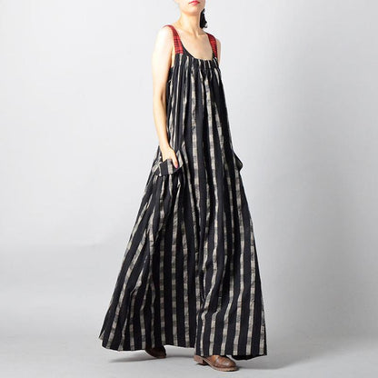 Buykud Retro Stripe Plaid Lacing Loose Black Slip Dress