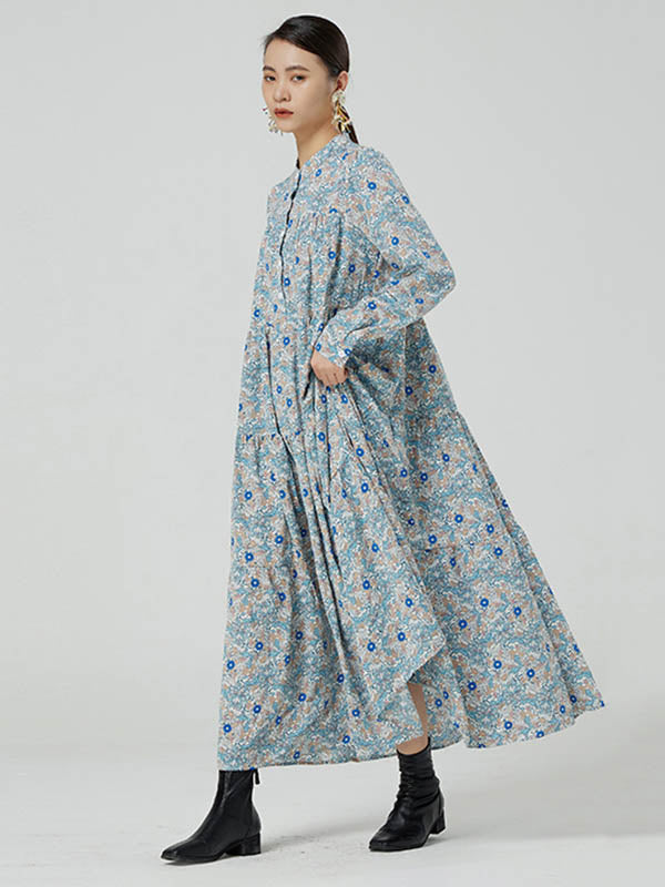 Original Buttoned Floral Printed Stand Collar Long Sleeves Loose Midi Dress