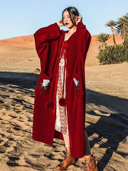 Loose Burgundy Vintage Pompom Triming Wind Coat Outwear