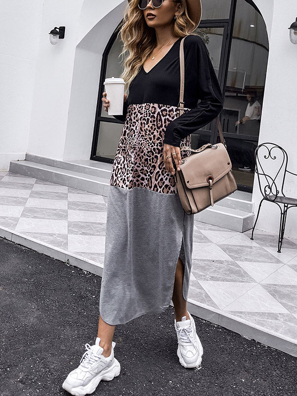 Original Contrast Color Split-Joint Leopard V-Neck Long Sleeves Midi Dress