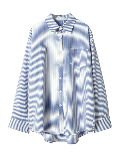 Simple Striped Buttoned Lapel High-Low Long Sleeves Blouse Tops