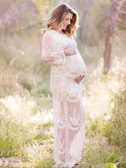 Maternity Hollow Lace Long Sleeve Maxi Dress