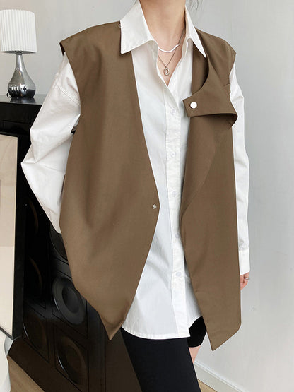Simple Chic Solid Color Split-Joint With Pocket Round-Neck Sleeveless Vest Outwear