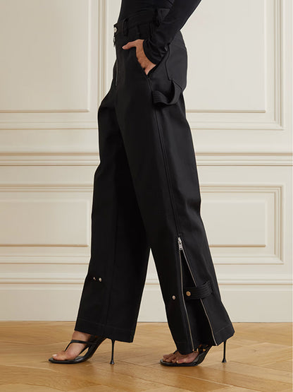Fashion Solid Zip-Detailed Wide Leg Pants