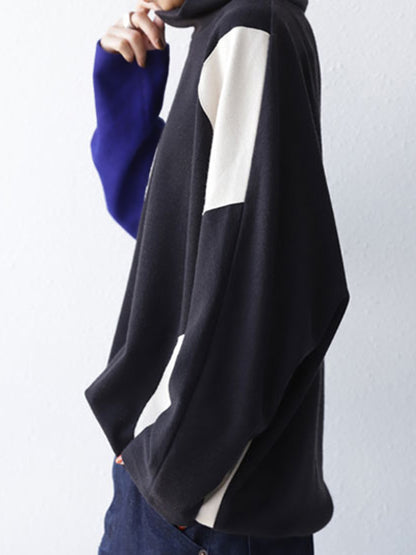 Original Casual Loose Split-Joint Color Matching Polka-Dot High-Neck Long Sleeves T-Shirt Tops