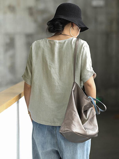 Retro Linen Pocket Split-side T-shirt