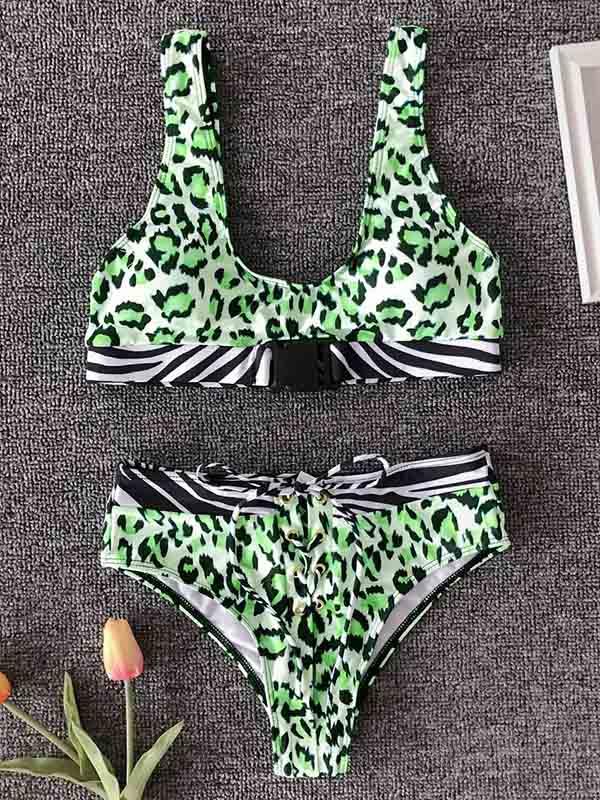 Leopard Print Plug Bandage Split Bikini Swimsuit