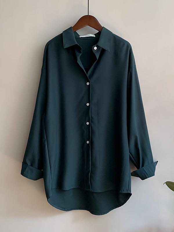 Simple Solid Color Buttoned Lapel Long Sleeves Blouse Tops