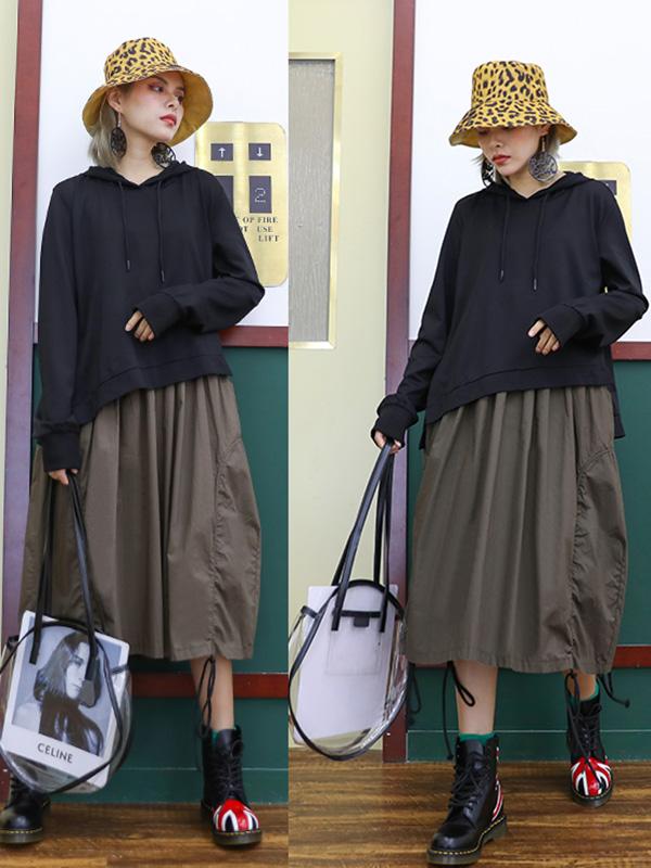 Retro False Two Split-joint Drawstring Sweatshirt Dress