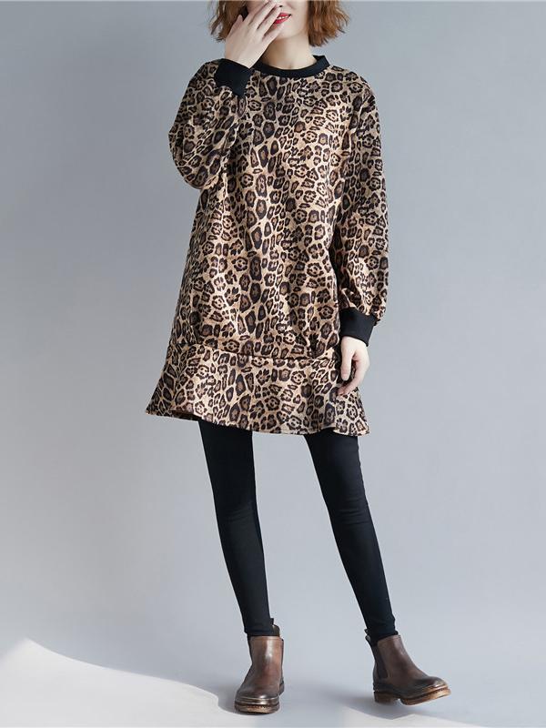 Loose Leopard Falbala Round-neck Short Dress