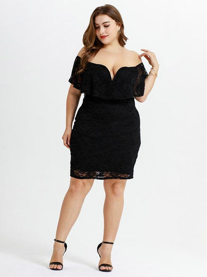 Solid Color Short Sleeve Off Shoulder Lace Mini Dress