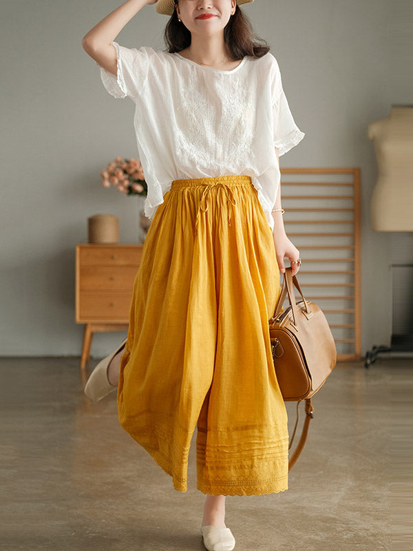 Ramie Cotton Embroidered Round-Neck T-Shirts Tops