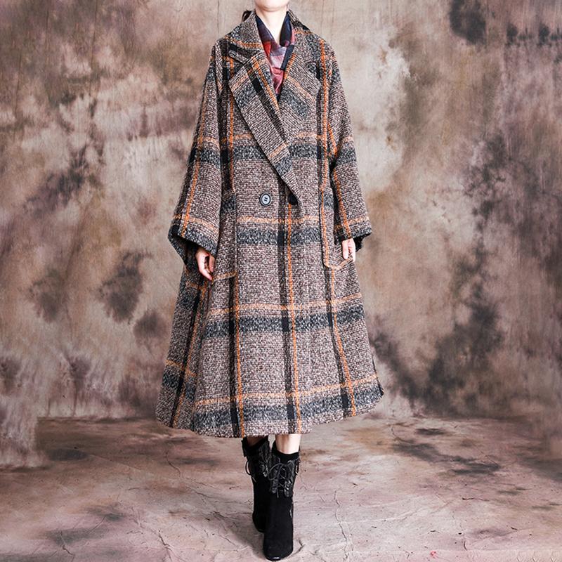 Buykud Tailored Collar Plaid Fashion Casual Trench Coat