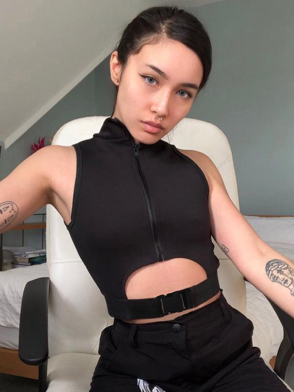 Punk Solid Zipper V-Neck Vest Top