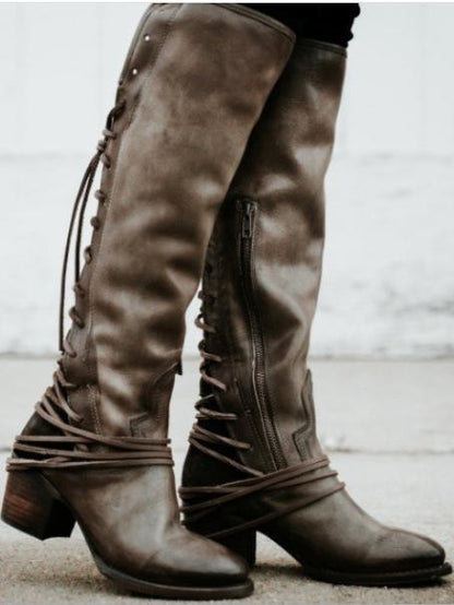 Chunky Tassels Bandage Knee High Boots