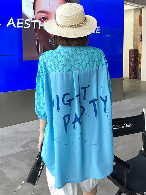 Stylish Split-Joint Printed Stand Collar Tie Short Sleeves Blouses