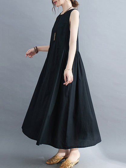 Simple Casual Loose Solid Color Pleated Midi Dress