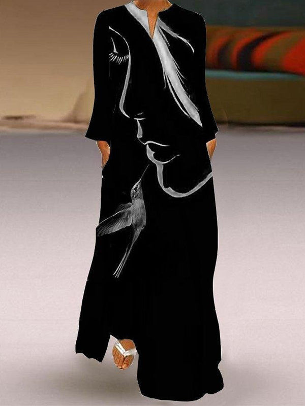 Casual Long Sleeves Printed V-Neck Maxi Dresses