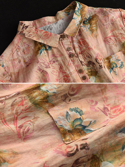 Vintage Artistic Retro Loose Floral Printed Ramie Cotton Blouse