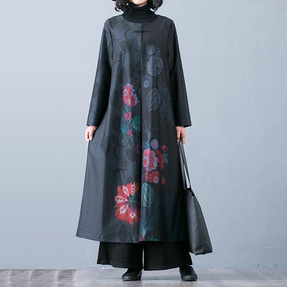 Buykud Floral Print O-Neck Casual Elegant Trench Coat