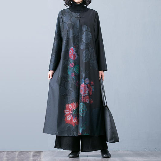 Buykud Floral Print O-Neck Casual Elegant Trench Coat