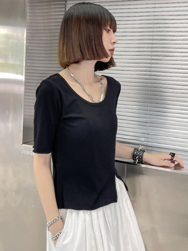 Casual Solid Color Split-Side Short Sleeves U-Neck Shirts