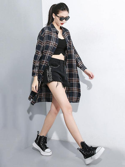 Loose Retro Lapel Plaid Shirt Dress