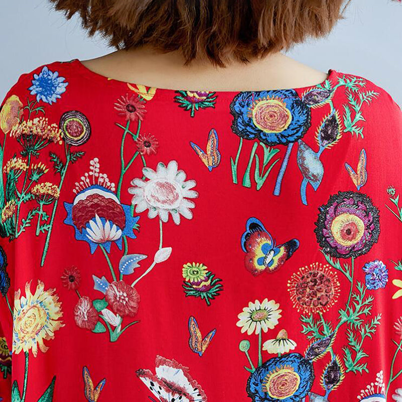 Vintage Loose Pleated Floral Printed Short Sleeves Midi Dress